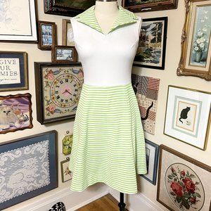 70s Vintage Alfred Werber Neon Green & White Wide Collar Sleeveless Midi Dress